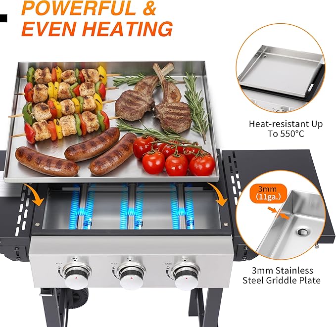 Portable 3-Burner Flat Top Grill with Folding Tabletop Design & Integrated Cart - 28650 BTU Propane Griddle for Outdoor Cooking, Camping, Tailgating