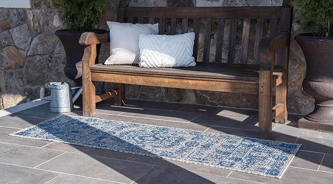 Unique Loom Outdoor Traditional Collection Area Rug - Timeworn (2' x 6' 1" Runner, Blue/ Gray)