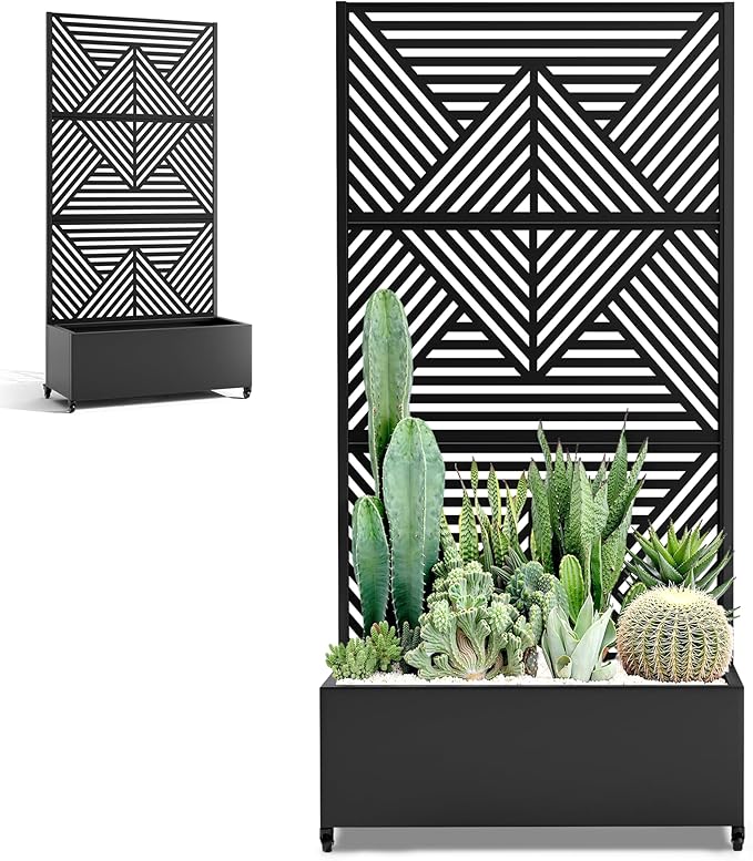 Metal Raised Garden Beds with Privacy Screen for Outdoor Plants, Planter Box with Trellis & Wheels, Flower Boxes with Drainage Holes (35" L×16" W×71" H, Black Zodiac)
