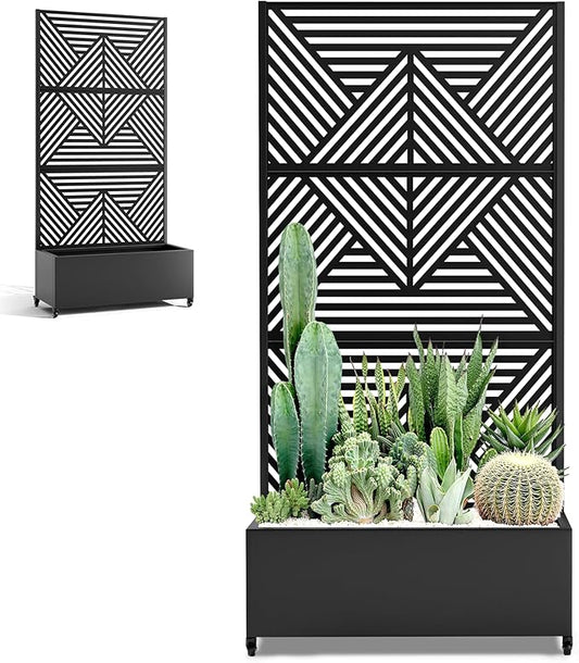 Metal Raised Garden Beds with Privacy Screen for Outdoor Plants, Planter Box with Trellis & Wheels, Flower Boxes with Drainage Holes (35" L×16" W×71" H, Black Zodiac)