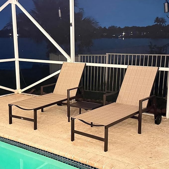 PURPLE LEAF Pool Lounge Chairs Set of 3 Aluminum Outdoor Lounge Chairs with Wheels and Armrests Adjustable Patio for Deck Outside Lawn Garden, Light Tan