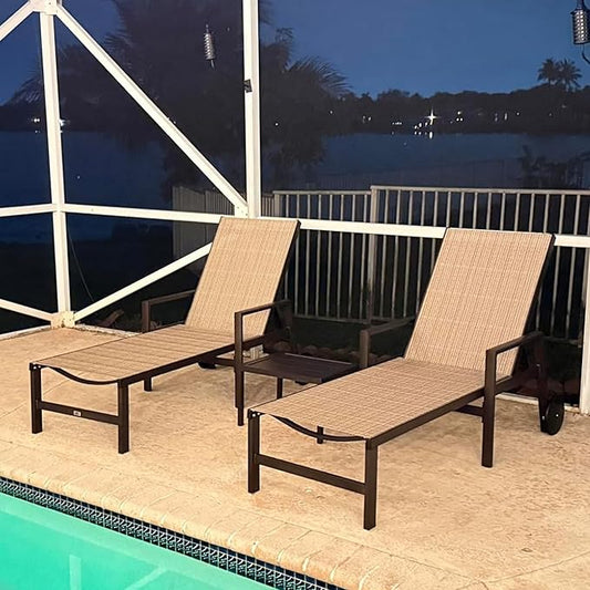 PURPLE LEAF Pool Lounge Chairs Set of 3 Aluminum Outdoor Lounge Chairs with Wheels and Armrests Adjustable Patio for Deck Outside Lawn Garden, Light Tan