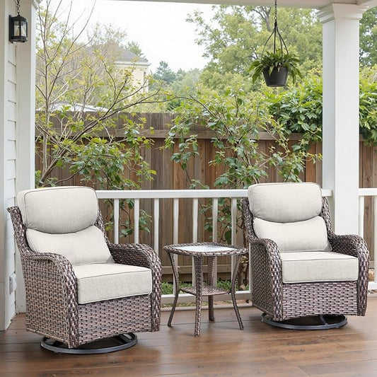 Swivel Patio Chairs Set of 3 with 6" Thick Cushion - Wicker Outdoor Swivel Rocker Patio Chairs with Side Table, High Back Comfortable Outdoor Glider Chair - Brown Wicker | Beige Cushions