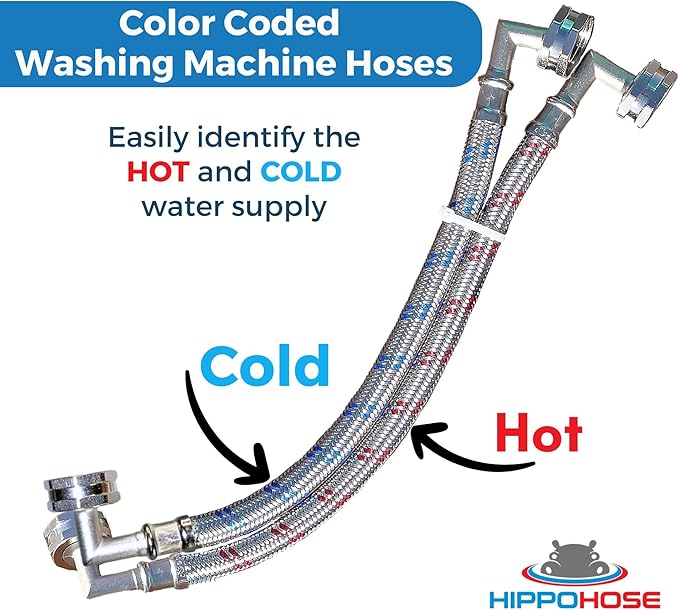Short Washing Machine Hoses - DOUBLE 90° Elbow to FIT TIGHT SPACES - OCTAGON Connections for Secure Tightening - Burst Proof Washer Water Supply Line (2 Pack) - Universal Fit to All Washing Machines