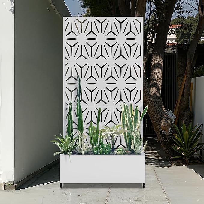 Metal Standing Planter Box with Trellis & Wheels, Raised Bed with Privacy Screen for Garden, Patio, 35"L Outdoor Garden Boxes with Drainage Holes for Climbing Plants, Flowers, (White Star)