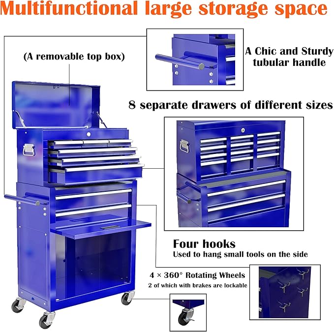 8 Drawers Rolling Tool Box Organizer,High Capacity Tool Chest with Wheels,Lockable Rolling Tool Chest with Bottom Cabinet, Tool Box Rolling Workshop Storage Cabinet (8 Drawers(Blue))