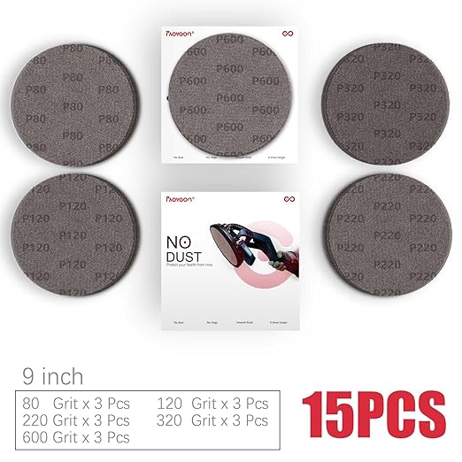 9 Inch Sanding Disc Drywall Sandpaper, Dust Free Sanding Drywall Sander Pads, 15 Pack Assortment 80 | 120 | 220 | 320 | 600 Grit