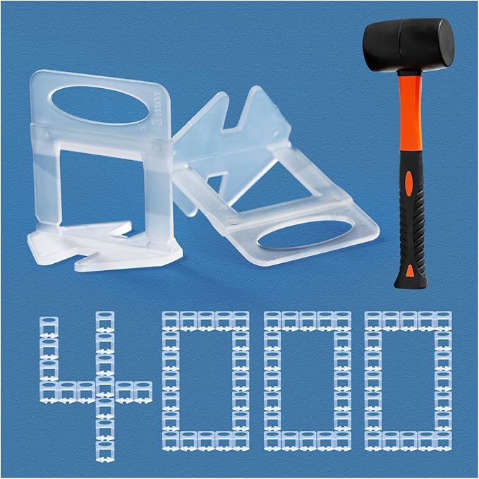 Tile Leveling System 1/8" Spacers Tile Leveler Clips DIY Tile Leveler Spacers 4000 Pcs and Tools Harden Rubber Mallet Hammer 16 oz for Professional Ceramic Tile and Stone Installation