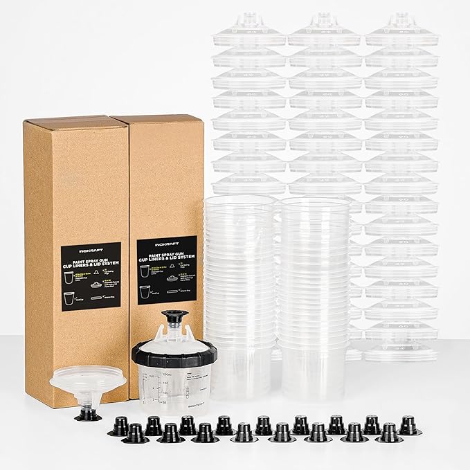 InoKraft Disposable Paint Spray Gun Cup, Paint System for HVLP and LVLP Paint Spray Paint Gun, Mini 6 Ounce (200ml) Kit with 50 Cups and Lids System, 1 Hard Cup with Retainer Ring and 20 Plugs