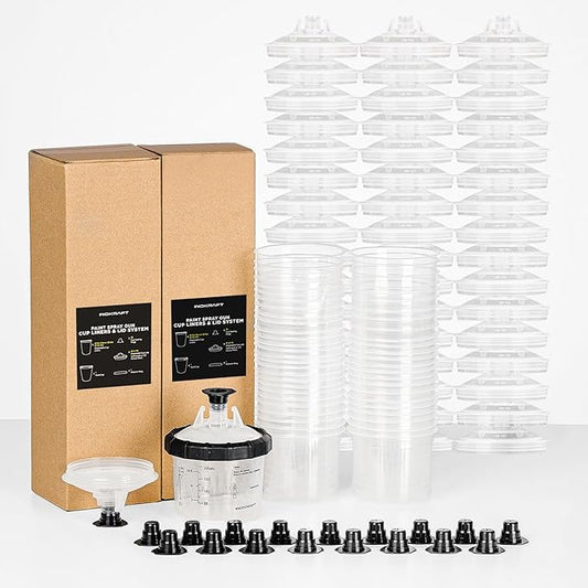 InoKraft Disposable Paint Spray Gun Cup, Paint System for HVLP and LVLP Paint Spray Paint Gun, Mini 6 Ounce (200ml) Kit with 50 Cups and Lids System, 1 Hard Cup with Retainer Ring and 20 Plugs
