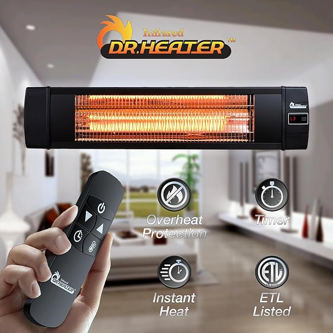 Dr Infrared Heater DR-238 Carbon Infrared Outdoor Heater for Restaurant, Patio, Backyard, Garage, and Decks, Standard, Black