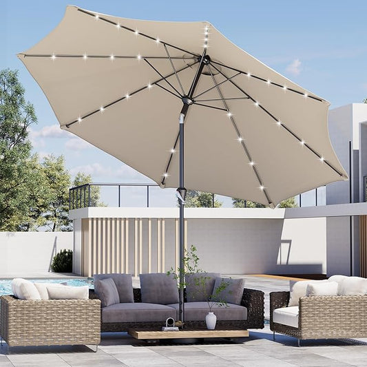 Kingdura 10FT Outdoor Patio Umbrella with Solar Lights, Market Table Umbrella with Push Button Tilt & Crank, 8 Sturdy Ribs, 32 LED Lights, UV Protection for Garden Lawn Deck Backyard Pool (Beige)