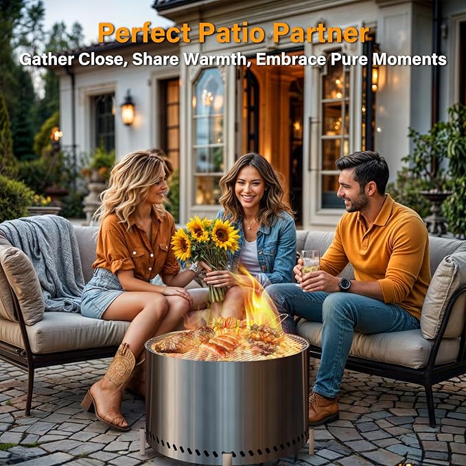 HGD 27.5" Smokeless Fire Pit Outdoor, Stainless Steel Wood Burning Firepit with Secondary Combustion, Backyard Patio Stove for Garden, BBQ & Bonfire