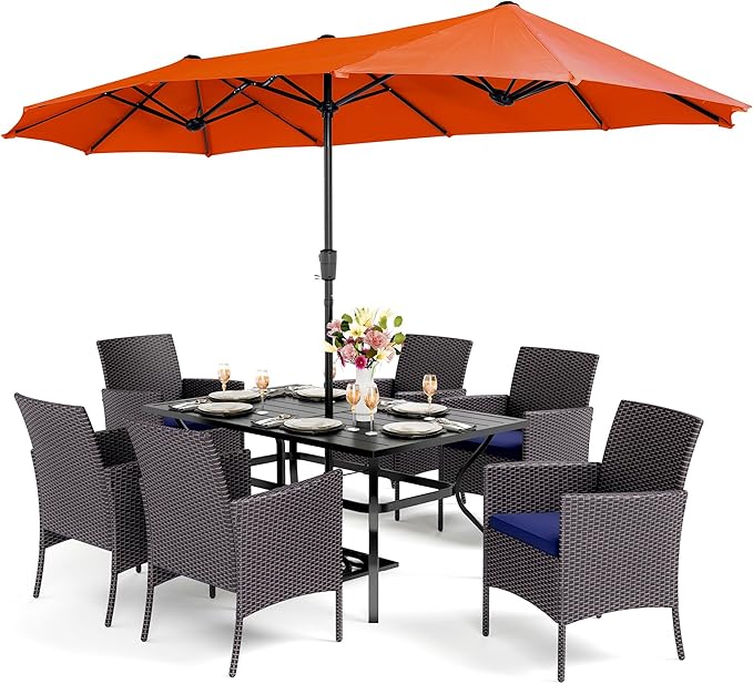 PHI VILLA 7 Piece Outdoor Dining Set with Umbrella, 60” Rectangular Metal Dining Table & 6 Cushioned Rattan Wicker Chairs & 13ft Large Red Umbrella for Patio, Deck, Yard, Porch