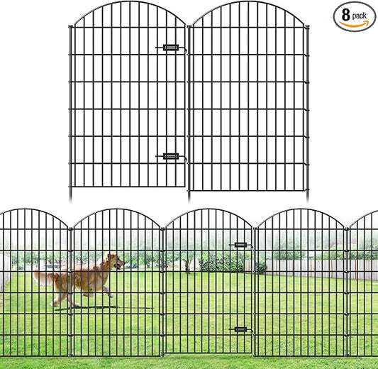 Metal Garden Fence with Gate 48in (H) x 20.3ft (L), 1 Gate+ 7 Panels Dog Fences Border Fence Animal Barrier, No Dig Garden Fencing for Yard Flower Bed Lawn Patio Outdoor, ECG4808G, Black