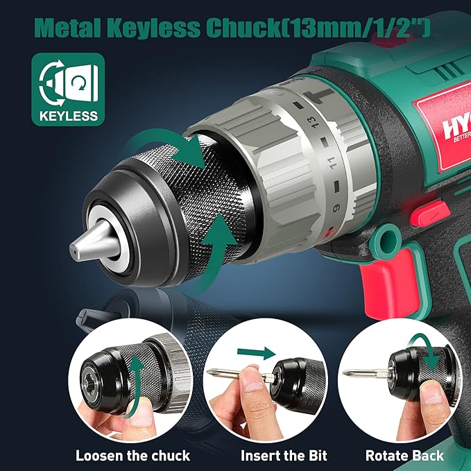 HYCHIKA Cordless Hammer Drill Driver 20V, 400 In-lbs Torque Impact Power Drill with Side Handle,1/2”Metal Chuck 21+3 Clutch, 2.0Ah Battery, LED Light for Drilling Wood Metal Wall