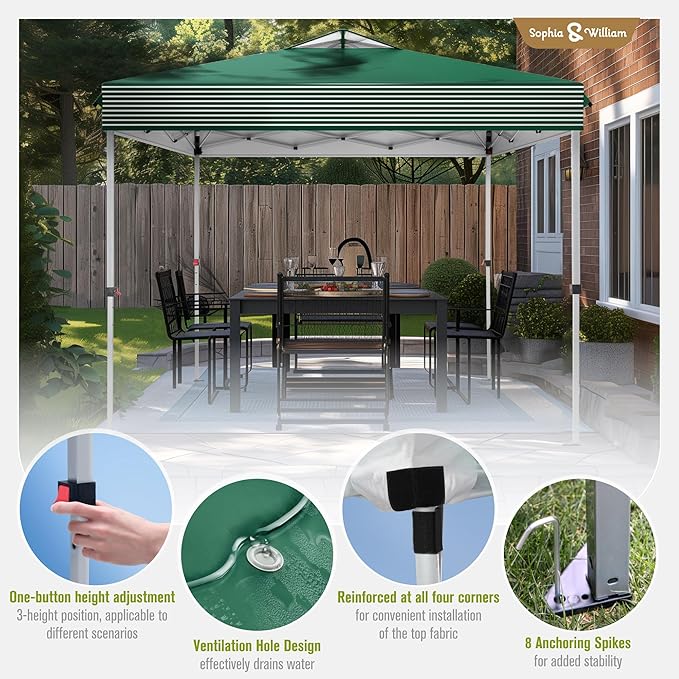 Sophia & William Canopy Tent Pop Up 10x10 ft, Outdoor Patio Portable Commercial Canopies Shelter Heavy Duty Straight Legs with Roller Bag, 8 Stakes, 4 Guy Ropes, UPF50+, Green & White Stripes
