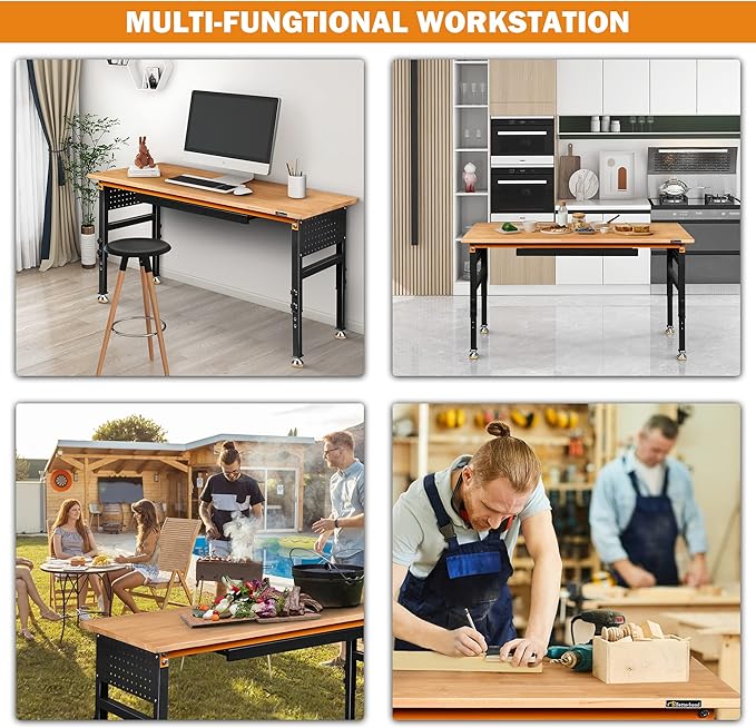 Betterhood 60" Heavy-Duty Adjustable Workbench for Garage, Rubber Wood Shop Table W/Double Pegboards & Drawer,Hardwood Workstation Weight Capacity Over 2000 Lbs