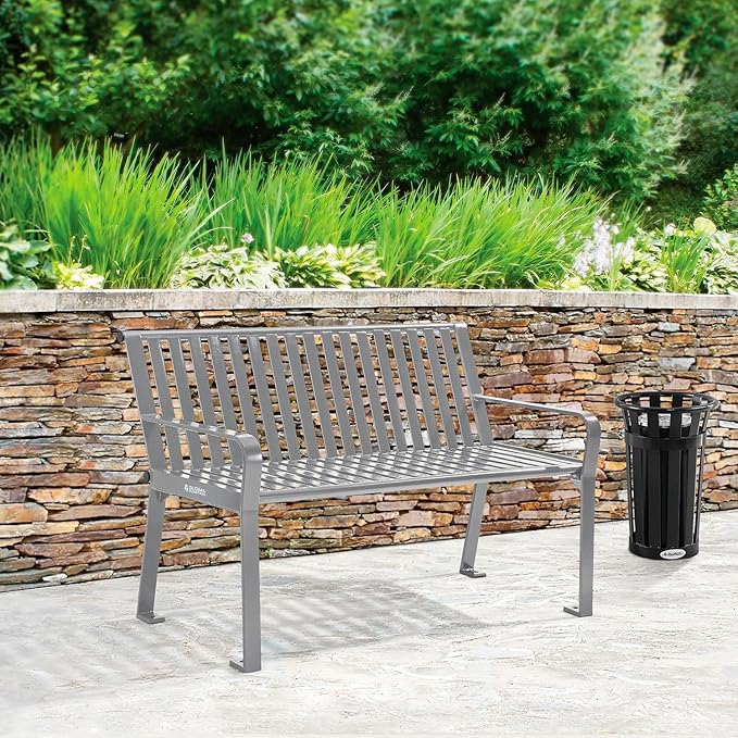 Global Industrial 4 ft. Outdoor Park Bench with Back, Vertical Steel Slat Construction, 600 lbs Capacity, Gray, Unassembled, Heavy Duty Commercial Bench