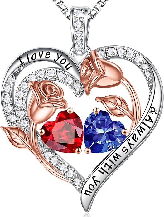 Iefil Christmas Gifts for Women Wife - 925 Sterling Silver Rose Heart Birthstone Necklace Birthday Anniversary Jewelry Gifts for Her Wife Mom Daughter