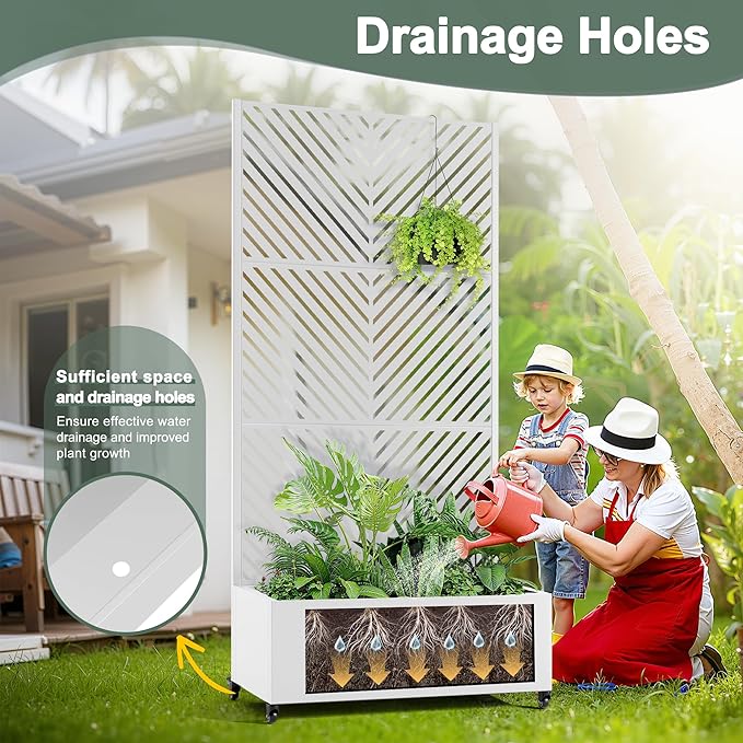 Metal Raised Garden Beds Outdoor with Trellis & Wheels, Planter Box with Privacy Screen, Drainage Holes for Vegetables, Flowers, Vines (35" L×16" W×71" H, White Parallel)