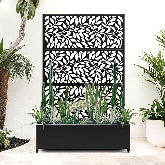 Metal Raised Garden Bed with Trellis Privacy Screen, Large Planters Box with Wheels & Drainage Holes for Climbing Plants (47" L×16" W×71" H, Black Leaf)