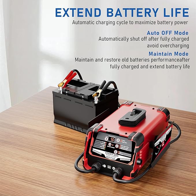 12V 24V Car Battery Charger & Engine Starter, 0-50A Automatic Battery Maintainer, 250 Cranking Amps, Jump Starter & Smart Trickle Charger