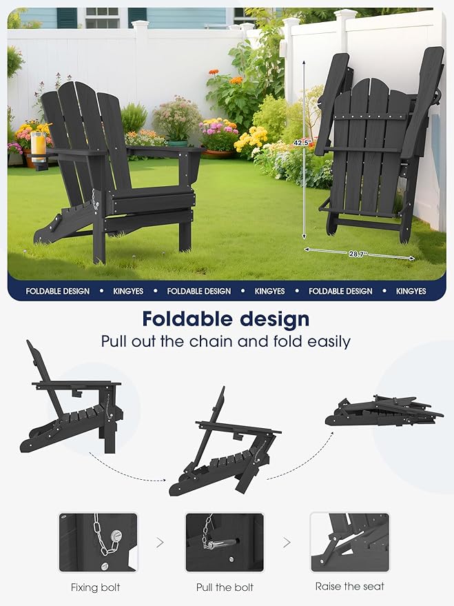 KINGYES Folding Adirondack Chair Set of 6, HDPE All-Weather Patio Chairs with Cup Holder, Wooden Textured Fire Pit Chairs for Poolside, Backyard, Deck, Grey