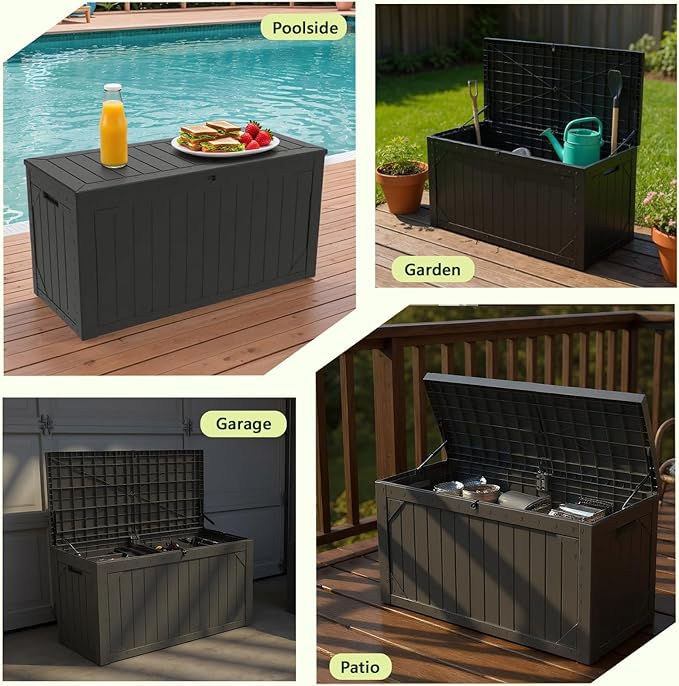 Outdoor Storage Box, 48”×22“-Deck Box Outdoor Storage Bench Outside Waterproof Resin Storage Bench, Lockable Patio Cushions, Garden Tools Storage For Furniture, UV Resistant(Black)