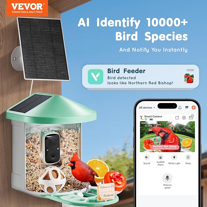 VEVOR Smart Bird Feeder Camera with 3 Solar Panels, Solar Powered Wireless Camera Bird Feeder with Live Video, AI Identify, Auto Detect & Instant Notify, and 2K Full HD, Ideal Gift for Bird Lover