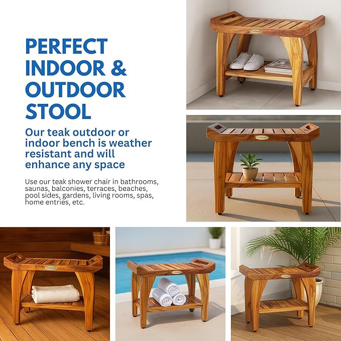 EcoDecors 24 Inch Tranquility Natural Color Waterproof Teak Wood Shower Bench Stool Seat Chair For Inside Shower Storage Shelf Provides Safety, Storage, and Organization For Bathroom Accessories