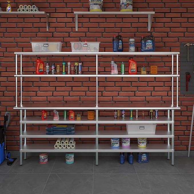 Amgood 14" x 96" Stainless Steel Work Table with 3 Shelves and 12" Wide Double Tier Overshelf | Metal Kitchen Prep Table & Shelving Combo | NSF
