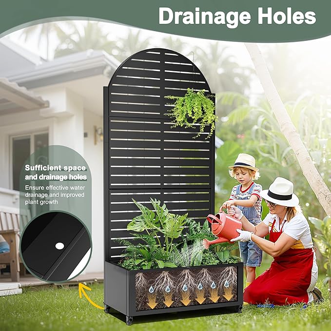 Metal Trellis with Planter Box for Climbing Plants Vegetables, Raised Garden Beds with Privacy Screen & Wheels, Standing Flower Box with Drainage Holes (35" L, Black Arch)
