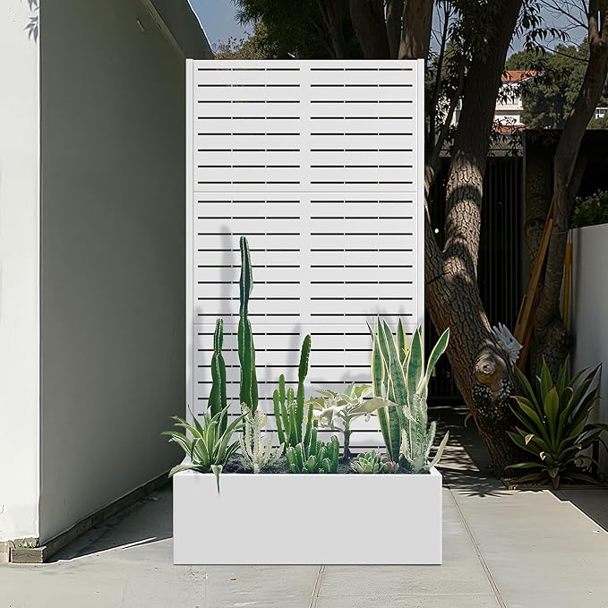 Metal Planter Box with Trellis for Climbing Plants Outdoor, Raised Garden Bed with Trellis, Privacy Planters for Patio (35" L×16" W×71" H, White Blinds)