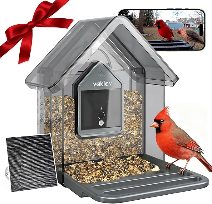 Smart Bird Feeder with Camera Solar Powered,4K Camera with UHD Video Live Stream,No Subscription,Identify 10,000+ Birds with AI,Instant Alerts,Elderly-Friendly,No Wi-Fi Needed,Gifts for Bird Lovers