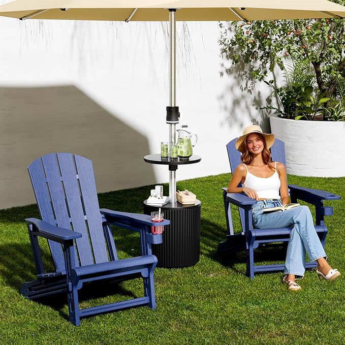 FONTOI Adirondack Chair，Plastic Outdoor Chairs Without Screws Install，Patio Adirondack with Cup Holder，400 LBS Capacity Recliner Chair Garden Chair for Backyard Lawn Beach Navy Blue
