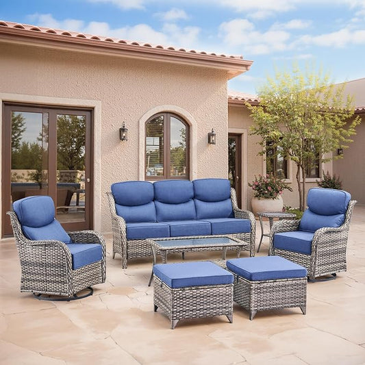 Swivel Patio Chairs sofa Set of 7 with 6" Thick Cushion - Wicker Outdoor Swivel Rocker Patio Chair ,Sofa/Glass coffee table, High Back Comfortable Outdoor Glider Chairs - Gery Wicker Blue Cushions