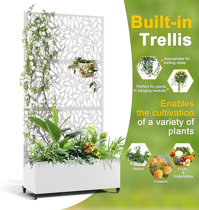 FENCY Metal Raised Garden Bed with Wheels and Trellis,73"x35"x16" Planter Box for Climbing Plants, Vegetables & Vines, Features Privacy Screen and Drainage Holes (White-Leaf-2)