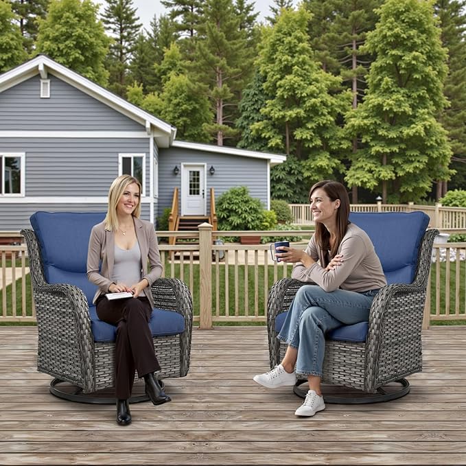 Outdoor Swivel Rocker Patio Chairs with 2 Ottomans - 5" Thick Cushion 4 Piece Furniture Set All Weather Comfortable Wicker Conversation Set for Porch Poolside and Deck - Gray/Blue