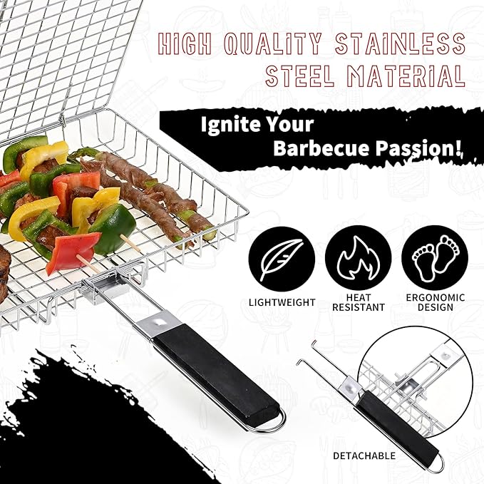 Portable Grill Baskets WINHONW Bbq net BBQ Grilling Basket veggie grill basket Folding with Removable Handle.Grill Vegetable basket BBQ Accessories Grilling Barbecue Basket Grill Baskets Grill net for Outdoor Grilling