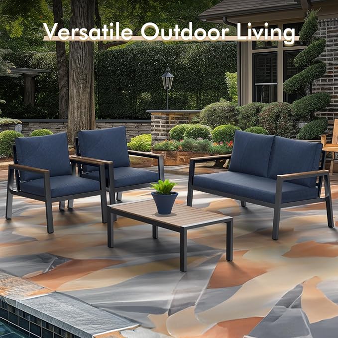 JOIVI Aluminum Patio Furniture Set, 4 Pieces Outdoor Conversation Set with Teak Wood Top Coffee Table, Sectional Sofa Set with Wood Armrest and Cushions for Outside Poolside, Lawn, Backyard, Navy Blue