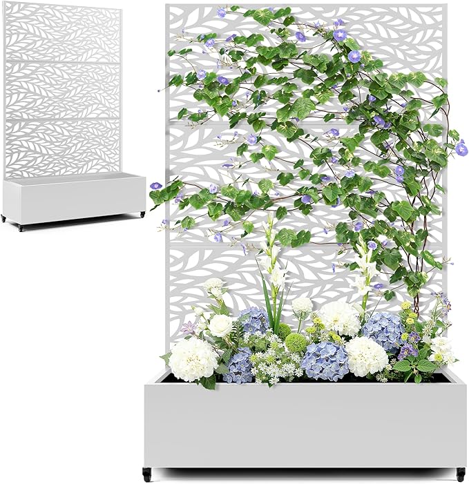Metal Planter Box with Trellis & Wheels for Outdoor Plants, Large Raised Garden Beds with Drainage Holes, Privacy Planters Box with Trellis for Plants Vegetables, (47" L, White Spring)