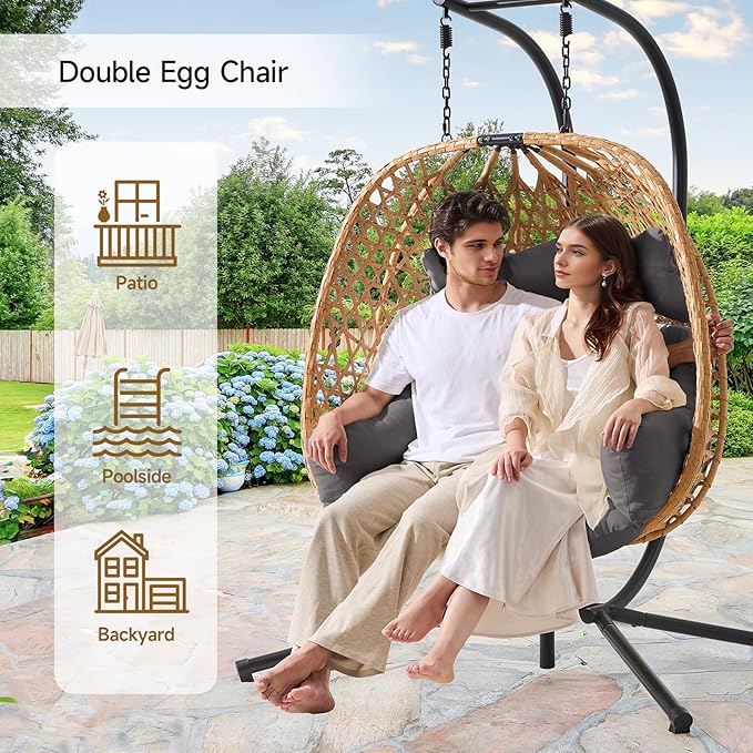 ONBRILL Double Hanging Egg Chair with Stand, Bohemian Knot Style Hammock Swing Chair, Foldable Basket & Denser Weaves, 650 Lbs Capacity Loveseat with UV Resistant Cushion for Patio, Backyard (Grey)