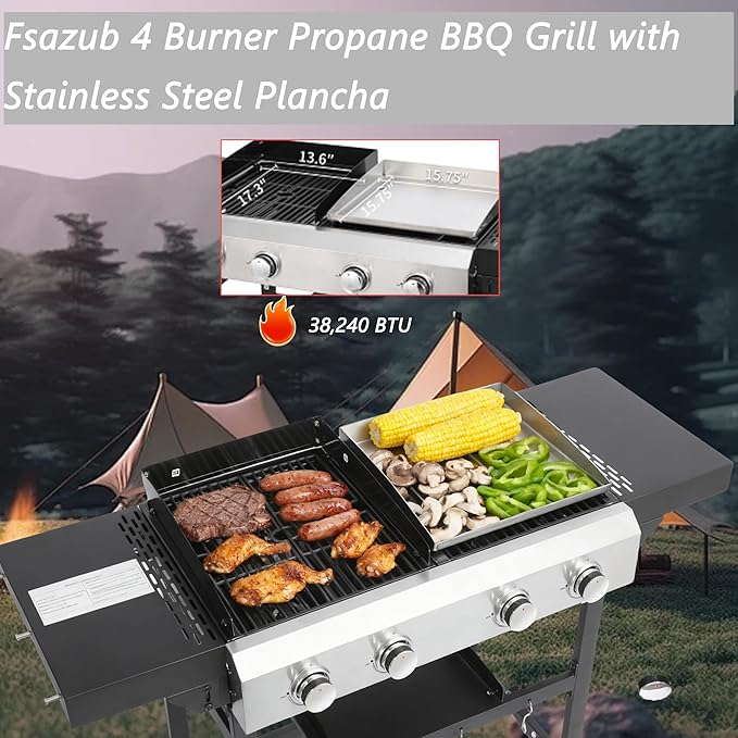 4-Burner Propane Gas BBQ Grill with Stainless Steel Plancha, 38240 BTU Output Stainless Steel Gas Grill w/Cast Iron Grating Mesh, & Foldable Side Table, Hanging Basket for Outdoor & Garden