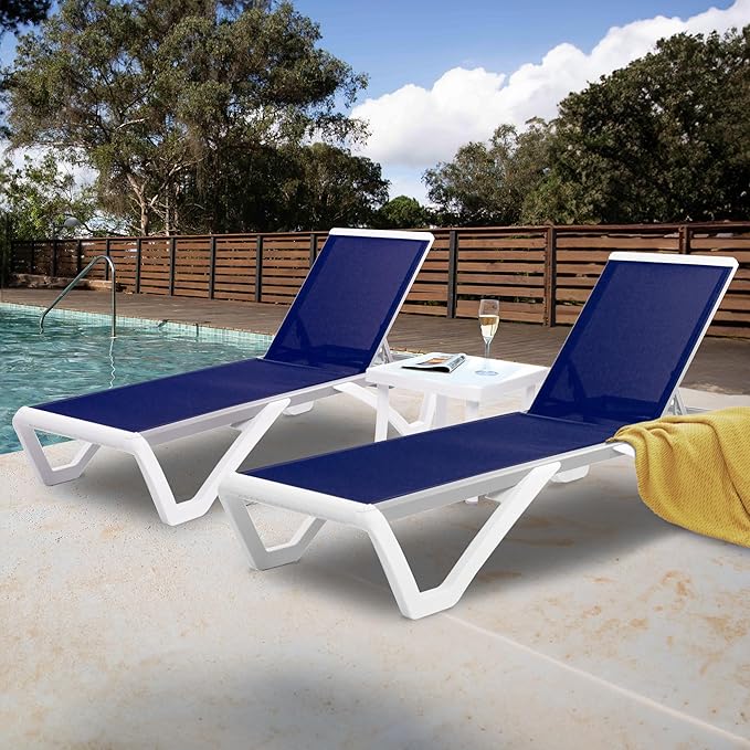 Kozyard Patio Chaise Lounge Chair - Full Flat Alumium & Resin Legs, Outdoor Reclining Adjustable Chair for Sunbathing, Beach, Patio, Lounge Set or Patio Table (2NavyBlue Textilence W/Table)