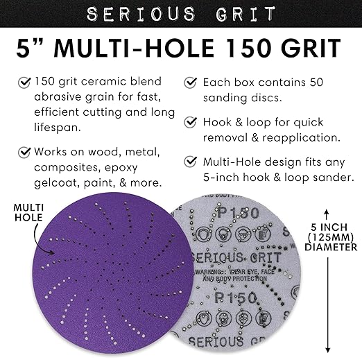 Serious Grit 5-Inch 150 Grit Ceramic Multi-Hole Hook & Loop Sanding Discs - Advanced Grain for Fast Cutting & Long Life - Film-Backed Universal Fit Sandpaper for 5-in Sanders - 50 Pack Box