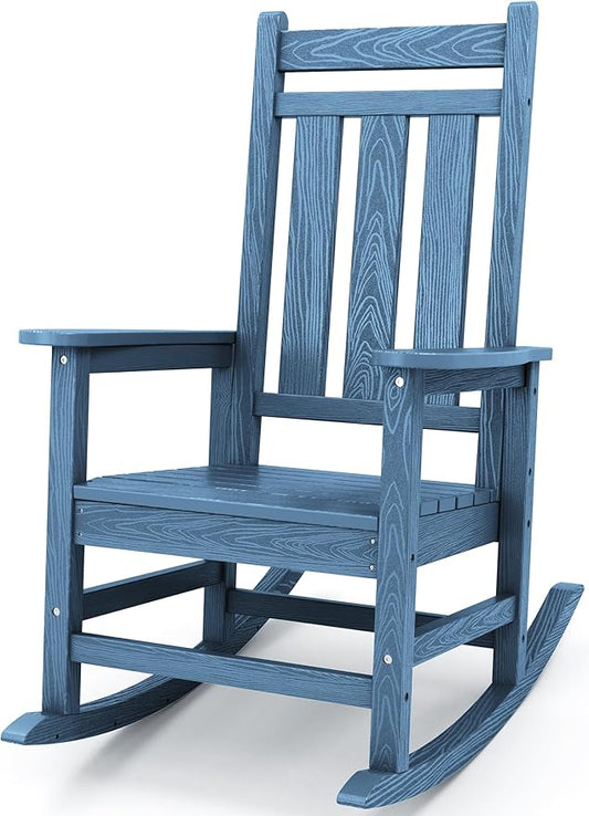 KINGYES Outdoor Rocking Chair, All-Weather Patio Rocking Chairs for Porch, HDPE Rocking Outdoor Chairs with High Back for Adult, Heavy Duty Outdoor Patio Rockers for Garden, Lawn, Blue