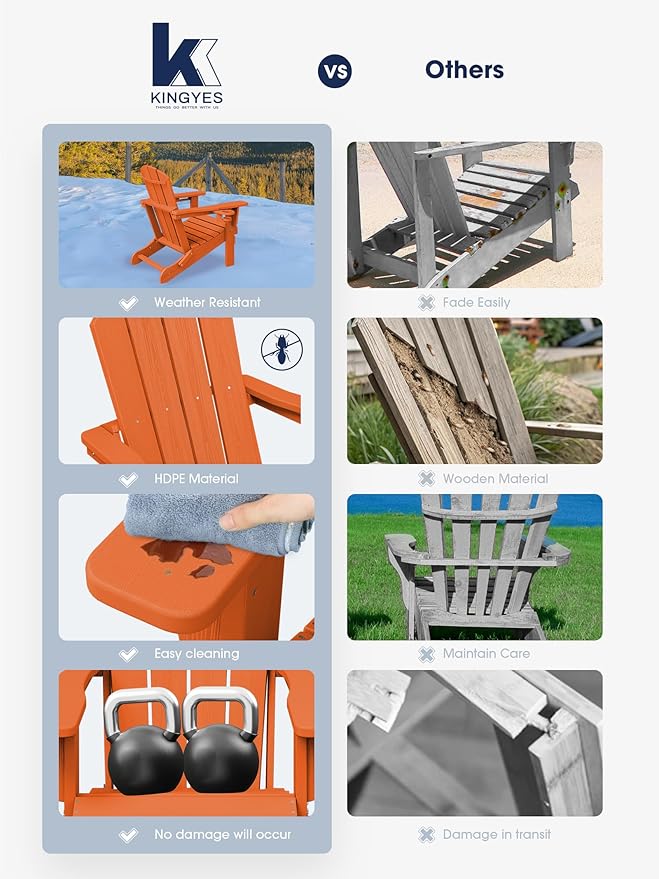 KINGYES Folding Adirondack Chair Set of 6, Dual Cup Holders & All-Weather HDPE, Wood-Like Patio Chair for Backyard, Camping, Pool & Fire Pit, Orange