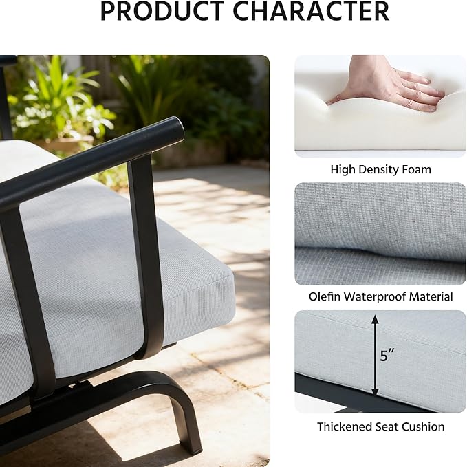 LAUSAINT HOME 3 Pieces Outdoor Patio Conversation Furniture, Luxury Motion Glider Chairs and Ice Bucket Table & Coffee Table, Rocking Chairs with Olefin Cushions, for Patios, Gardens, Balconies