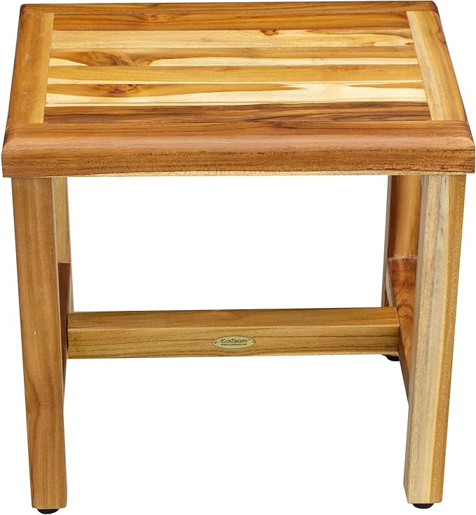 EcoDecors 18 Inch Natural Teak Waterproof Teak Wood Shower Bench Stool Seat Chair For Inside Shower Provides Safety, Storage, and Organization For Bathroom Accessories